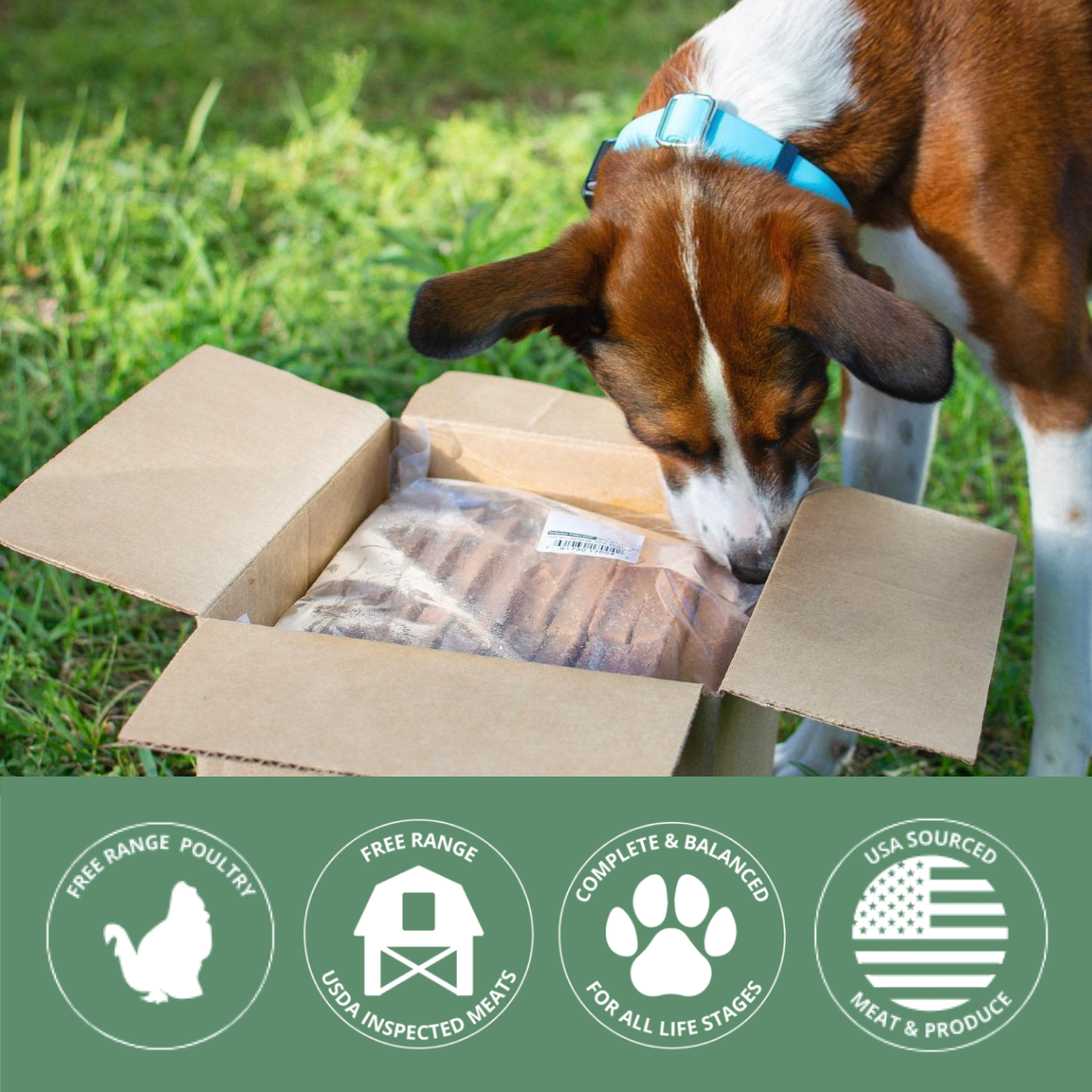 Dog sniffing a box of pet food with brand icons at the bottom.