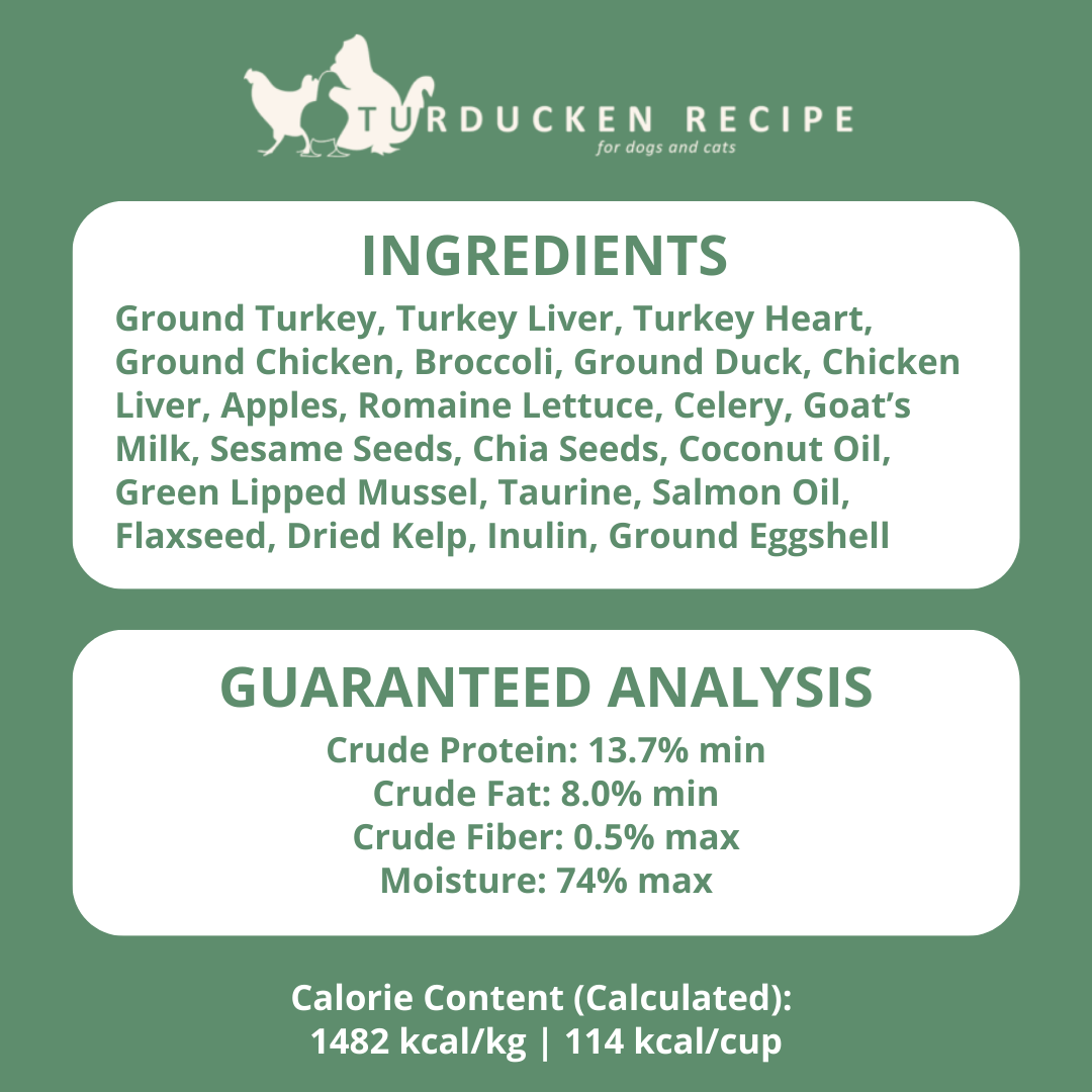 Turducken Recipe label with ingredients and guaranteed analysis on a green background