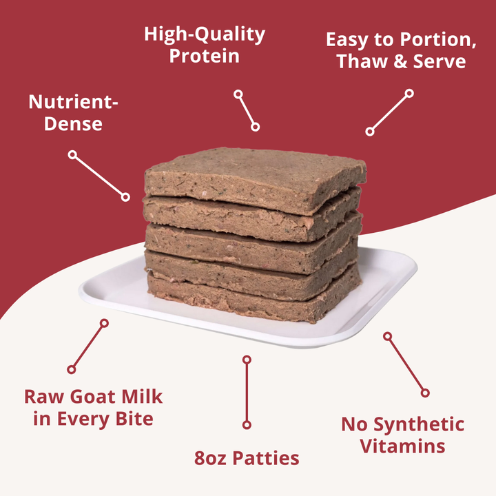 Stack of 8oz patties on a white plate with text highlighting benefits on a red background