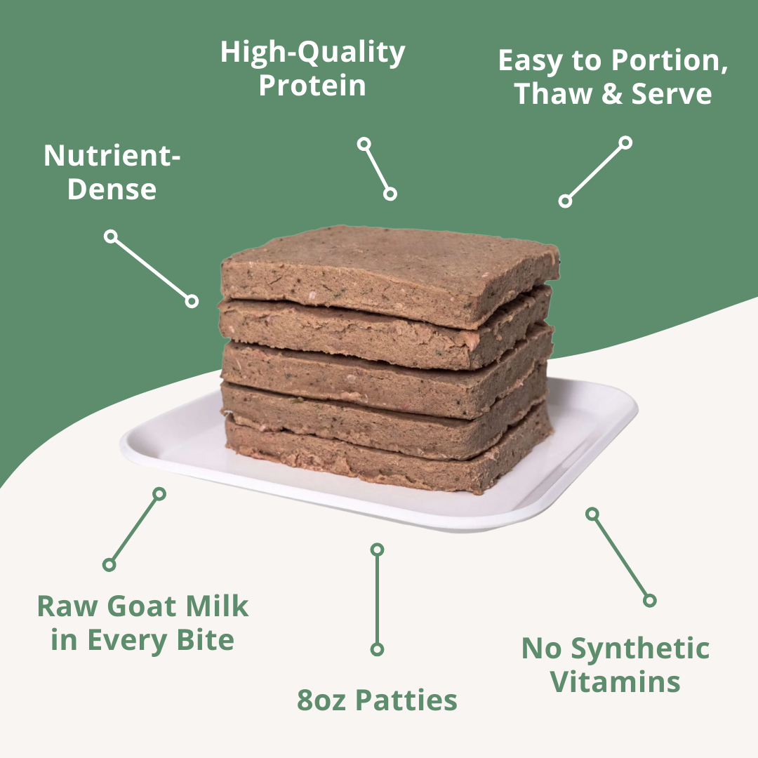 Stack of 8oz patties on a white plate with green background and text highlighting benefits.