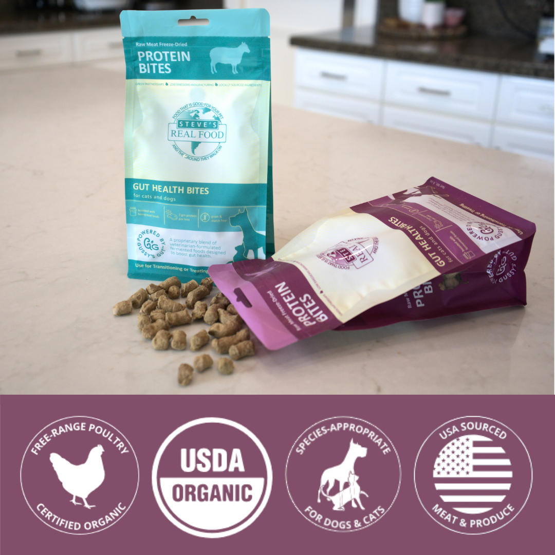 Two packages of pet treats ton a kitchen counter with icons displayed.