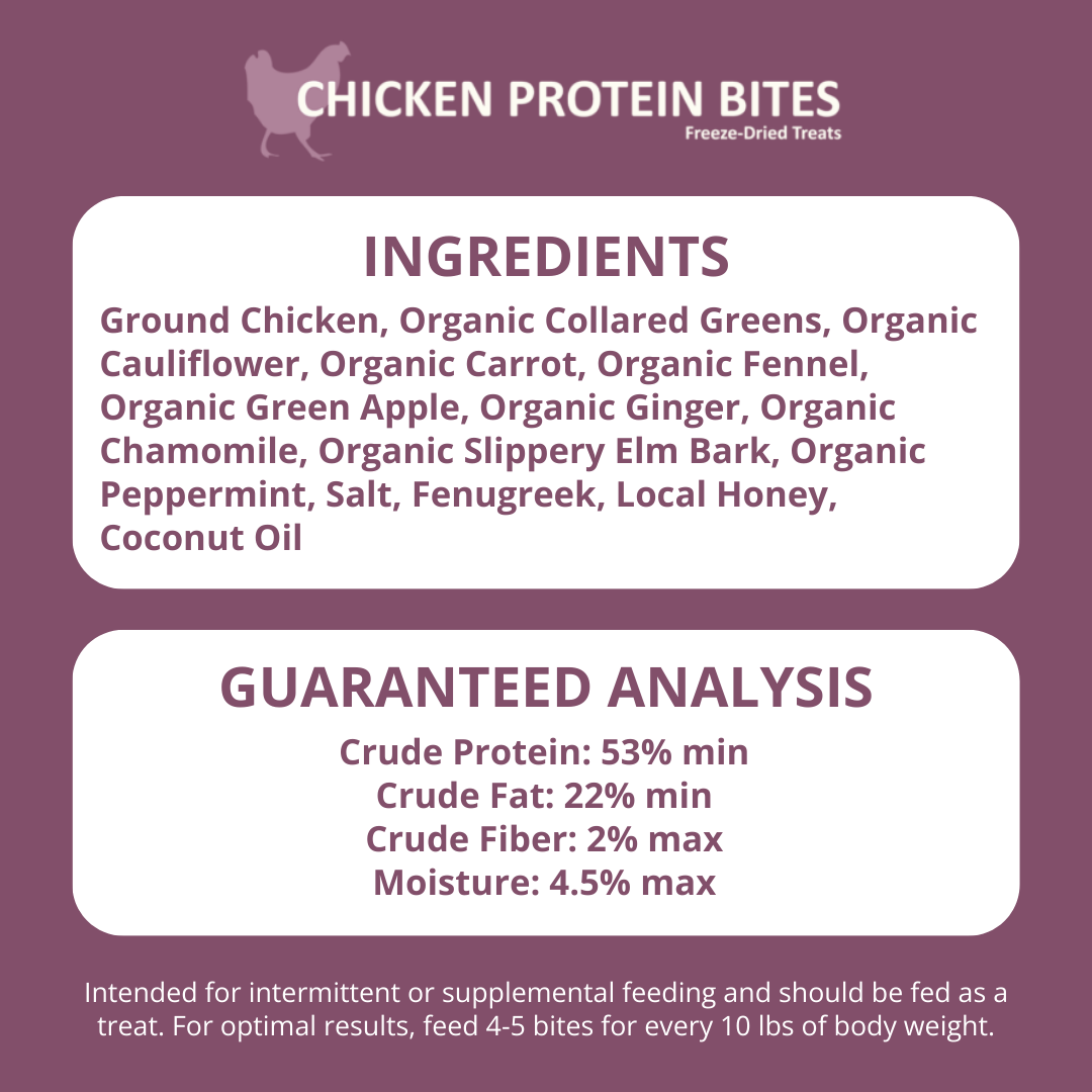 Chicken Protein Bites freeze-dried treats label with ingredients and guaranteed analysis on a purple background.