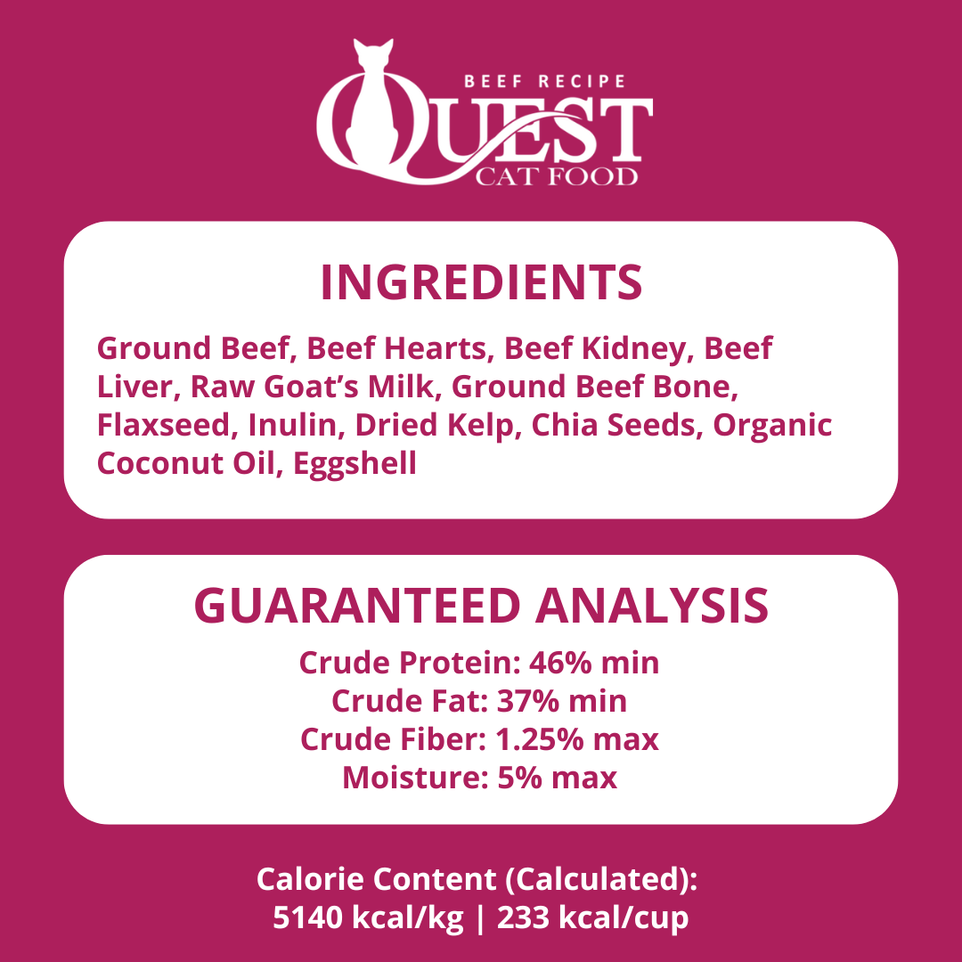 Quest Beef Recipe Cat Food label with ingredients and guaranteed analysis on a pink background