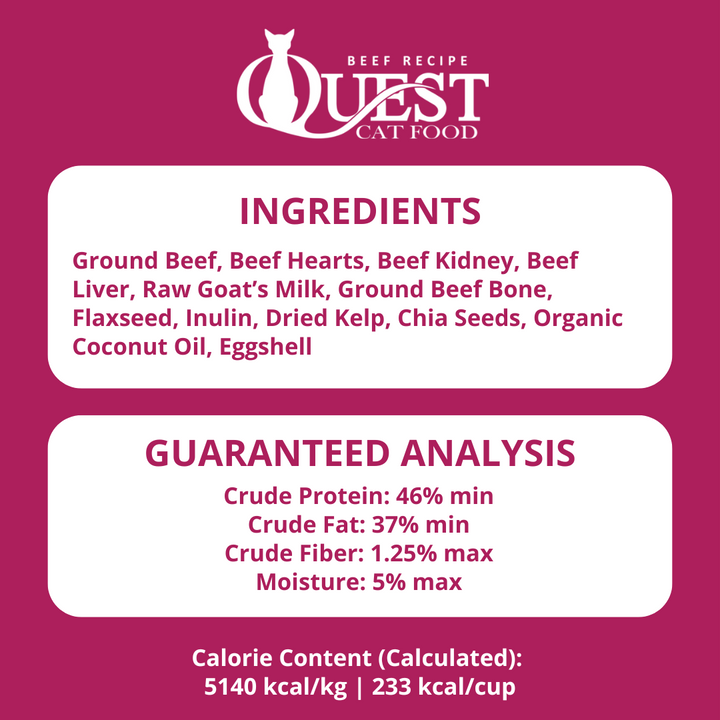 Quest Beef Recipe Cat Food label with ingredients and guaranteed analysis on a pink background