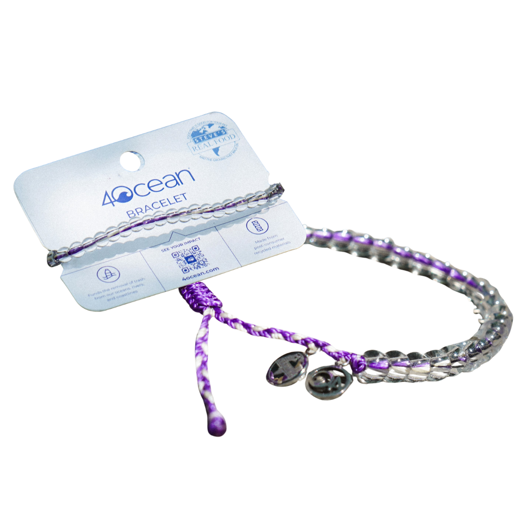 4ocean bracelet with purple and white cord and glass beads