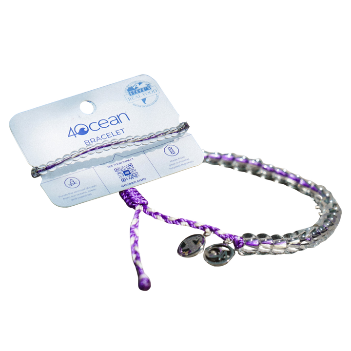 4ocean bracelet with purple and white cord and glass beads