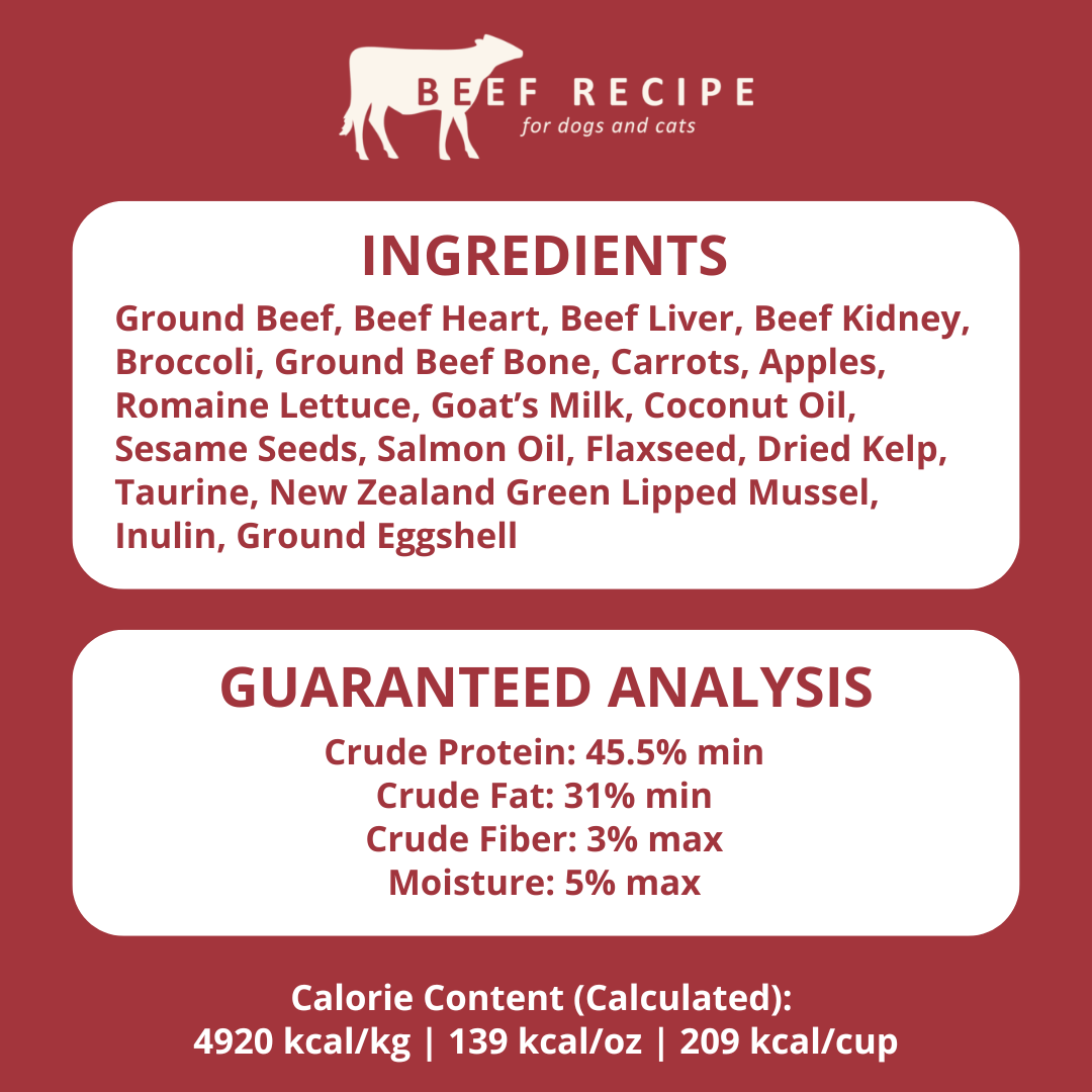 Beef recipe label for pets with ingredients and guaranteed analysis on a red background