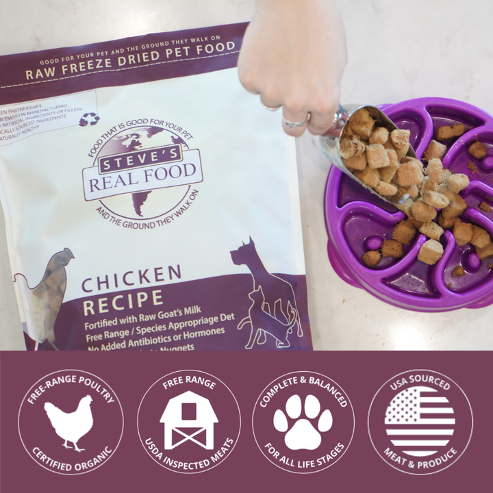 Bag of Steve's Real Food chicken recipe pet food with a purple pet bowl filled with food.