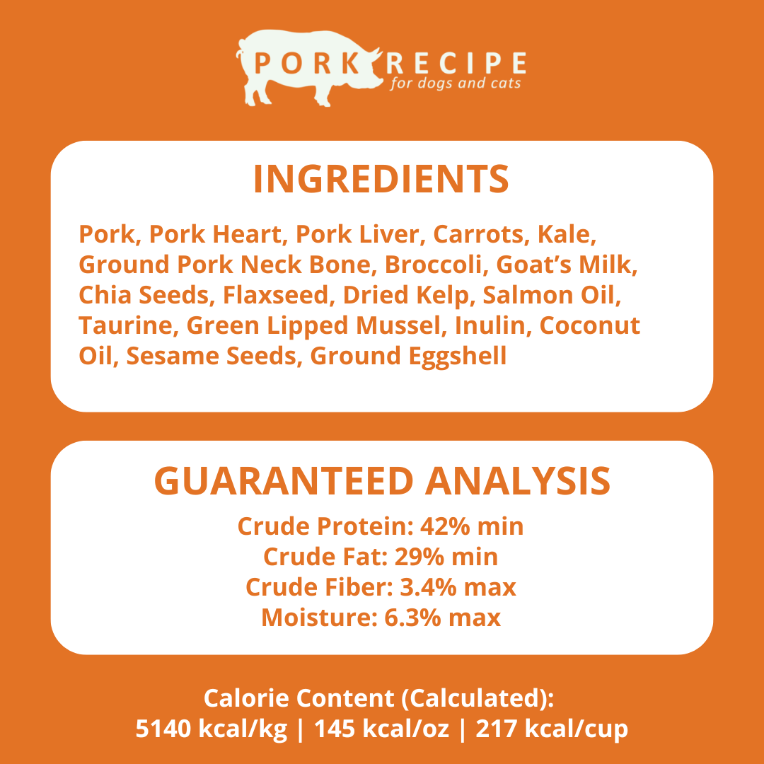 Pork recipe label for pets with ingredients and guaranteed analysis on an orange background