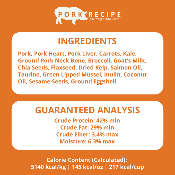 Pork recipe label for pets with ingredients and guaranteed analysis on an orange background
