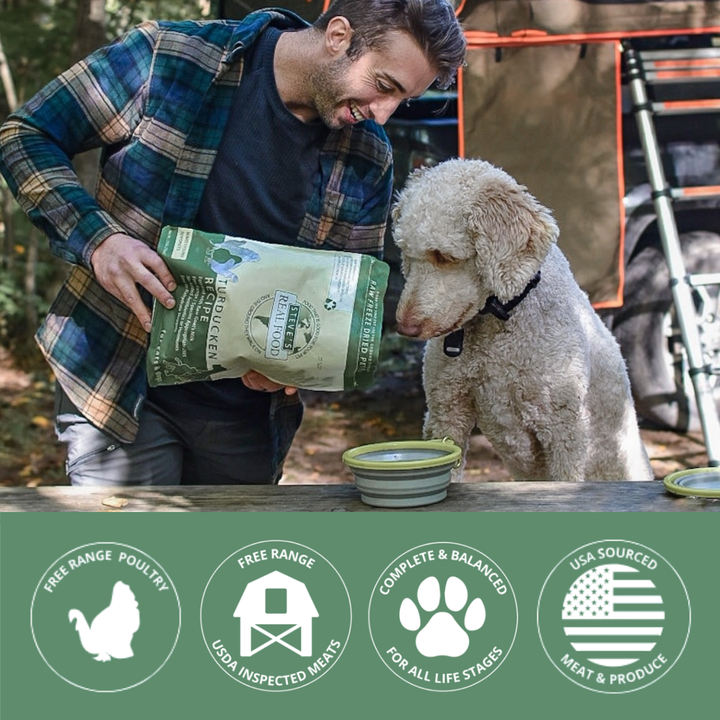 Man pouring dog food into a bowl with a dog sitting next to him outdoors, featuring product branding.