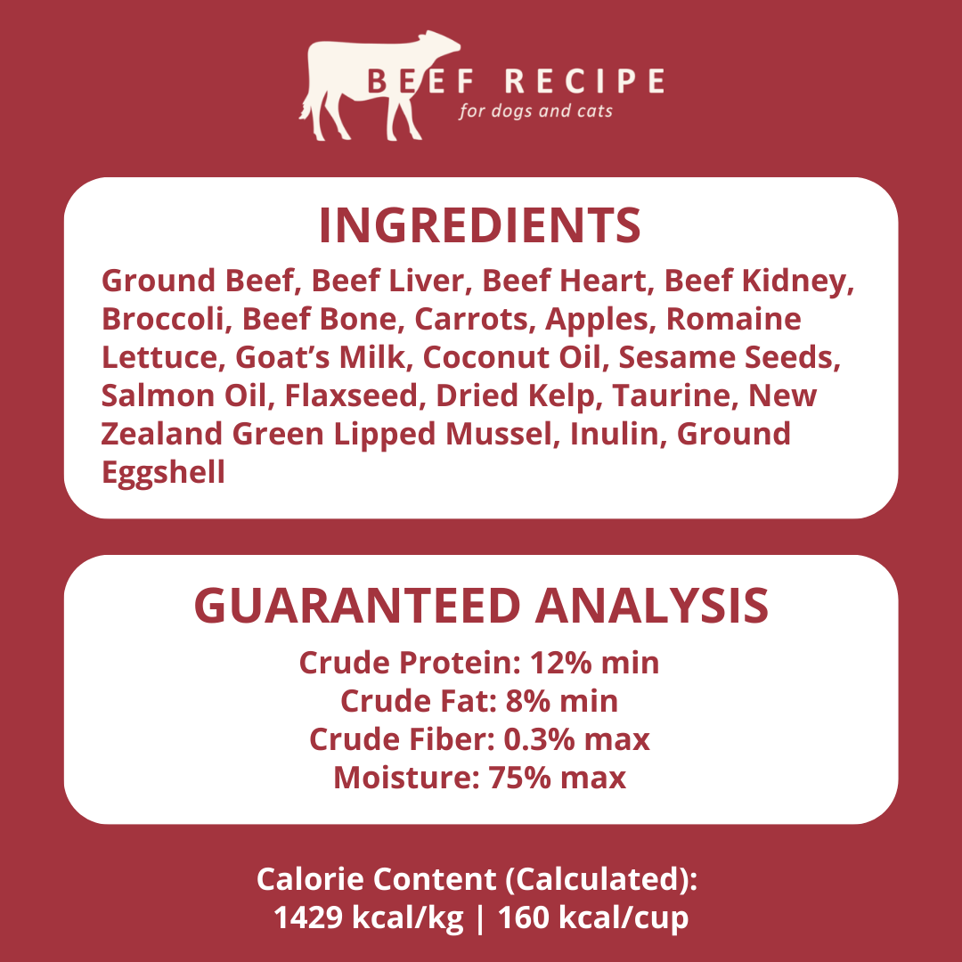 Beef recipe label for pets with ingredients and guaranteed analysis on a red background