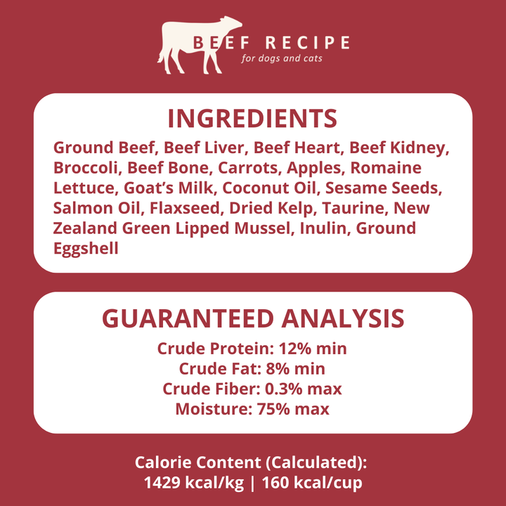 Beef recipe label for pets with ingredients and guaranteed analysis on a red background