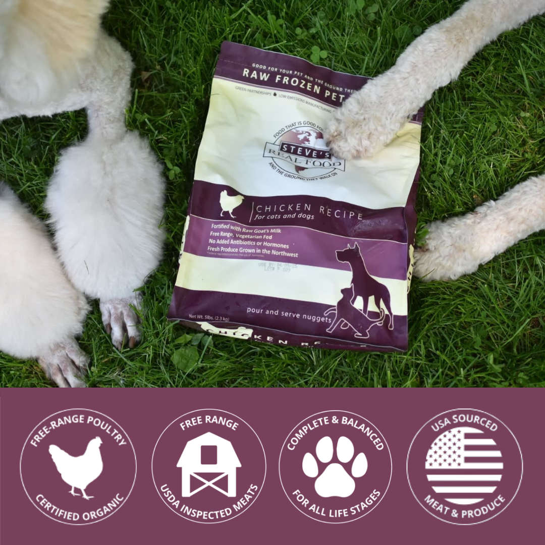 Bag of frozen raw pet food with dog paws, featuring product details.