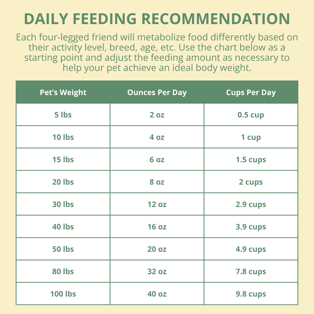 Daily feeding recommendation chart for pets on a beige background