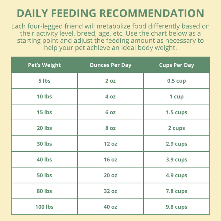 Daily feeding recommendation chart for pets on a beige background