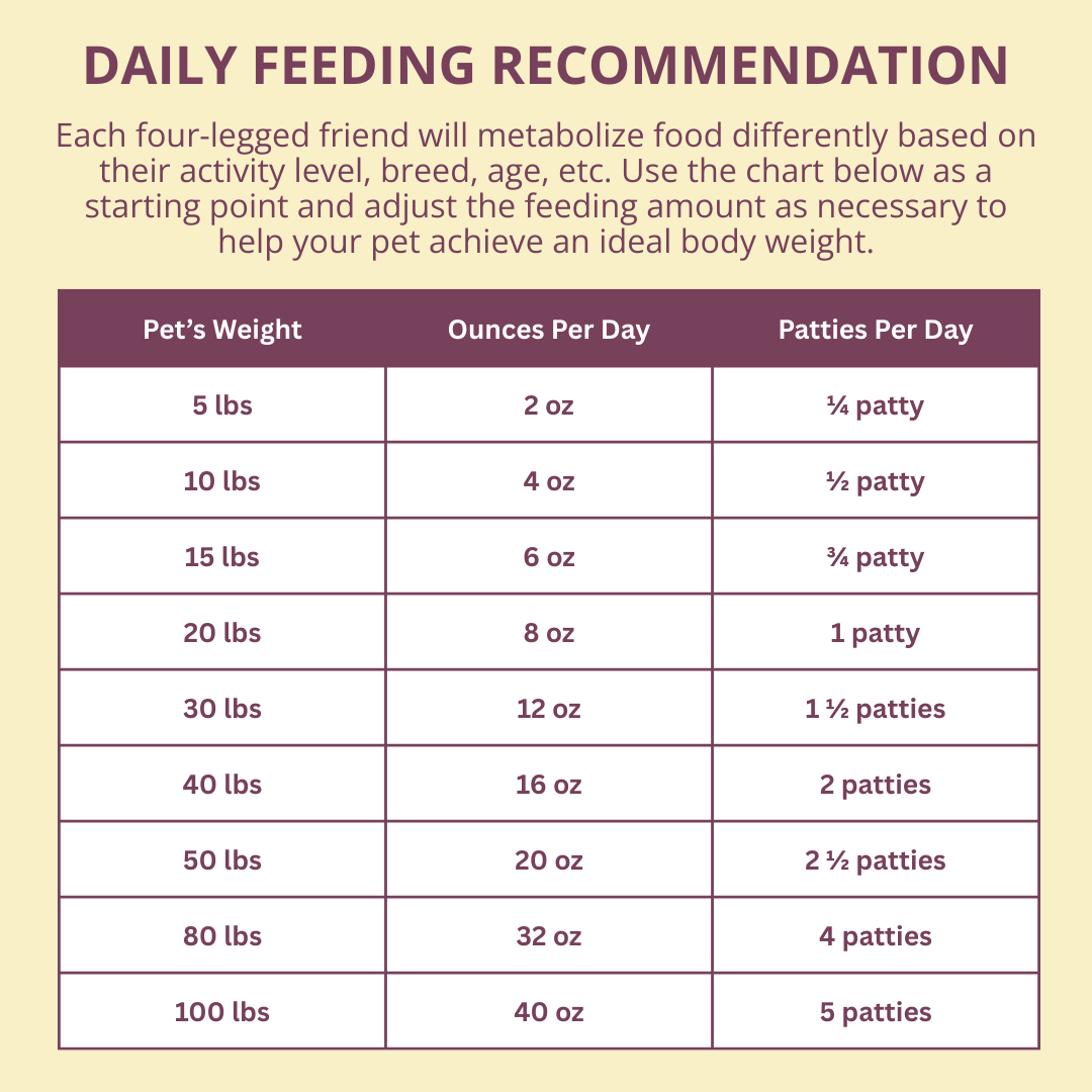 Daily feeding recommendation chart for pets on a yellow background