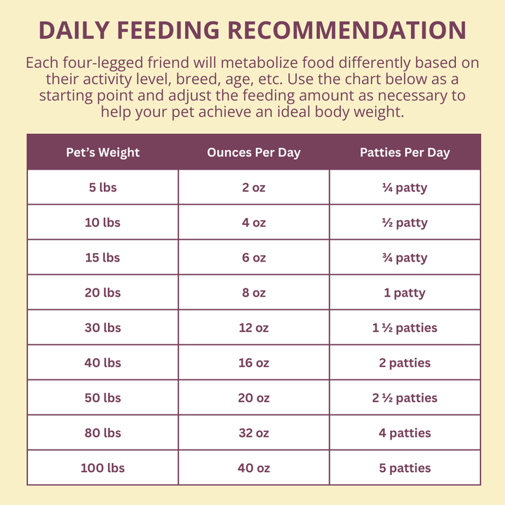 Daily feeding recommendation chart for pets on a yellow background