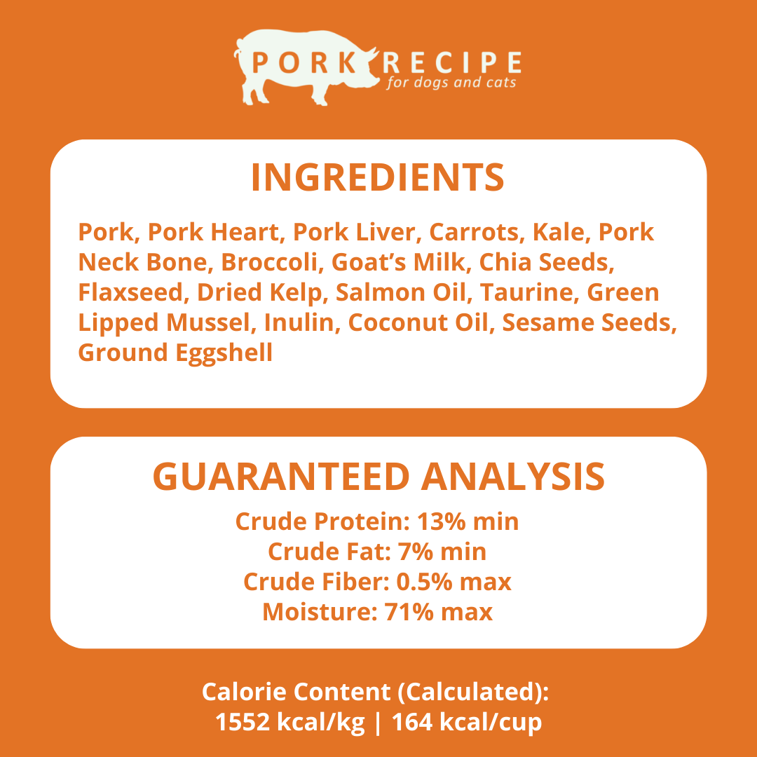 Pork recipe label for pets with ingredients and guaranteed analysis on an orange background