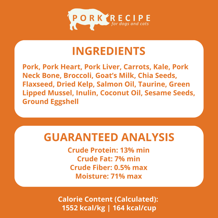 Pork recipe label for pets with ingredients and guaranteed analysis on an orange background