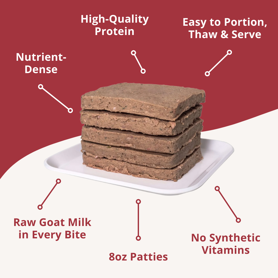 Stack of 8oz patties on a white plate with text highlighting benefits on a red background