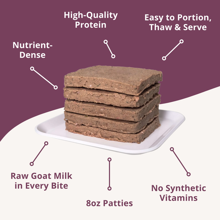 Stack of pet food patties on a white plate with purple background and text highlighting features.