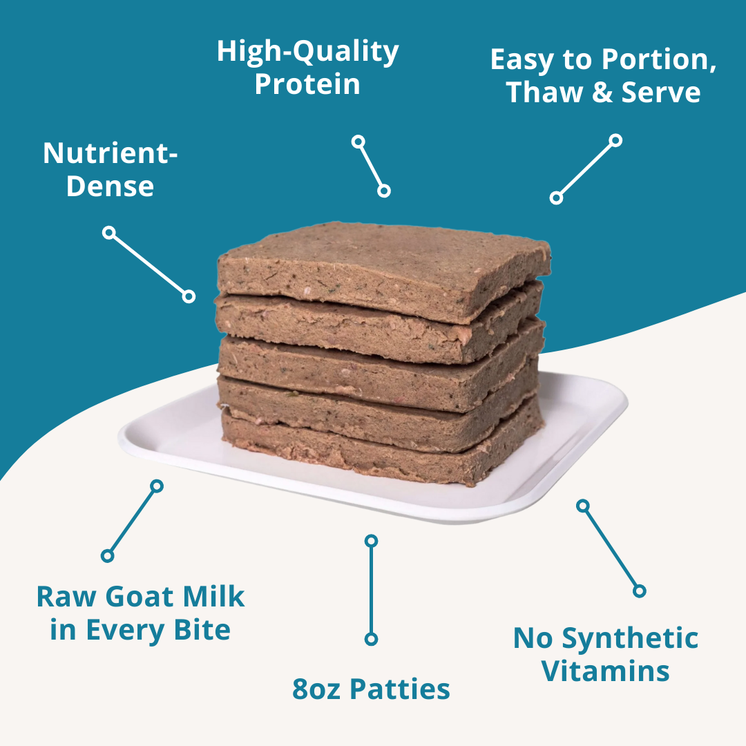 Stack of 8oz patties on a white plate with text highlighting benefits on a blue background