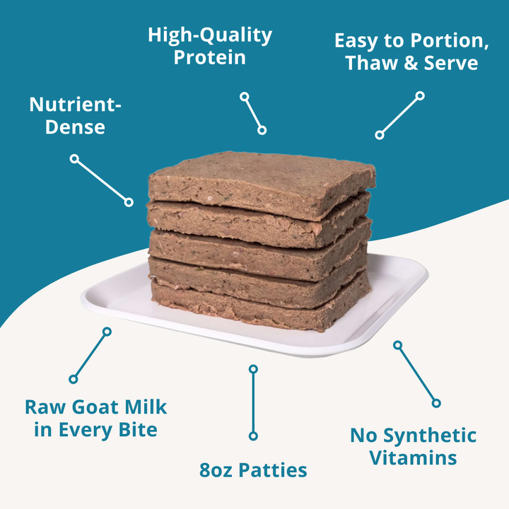 Stack of 8oz patties on a white plate with text highlighting benefits on a blue background