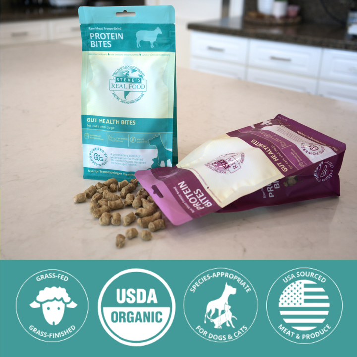 Protein bites packaging on a kitchen counter with brand icons.