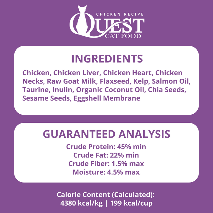 Quest Cat Food ingredients and guaranteed analysis on a purple background