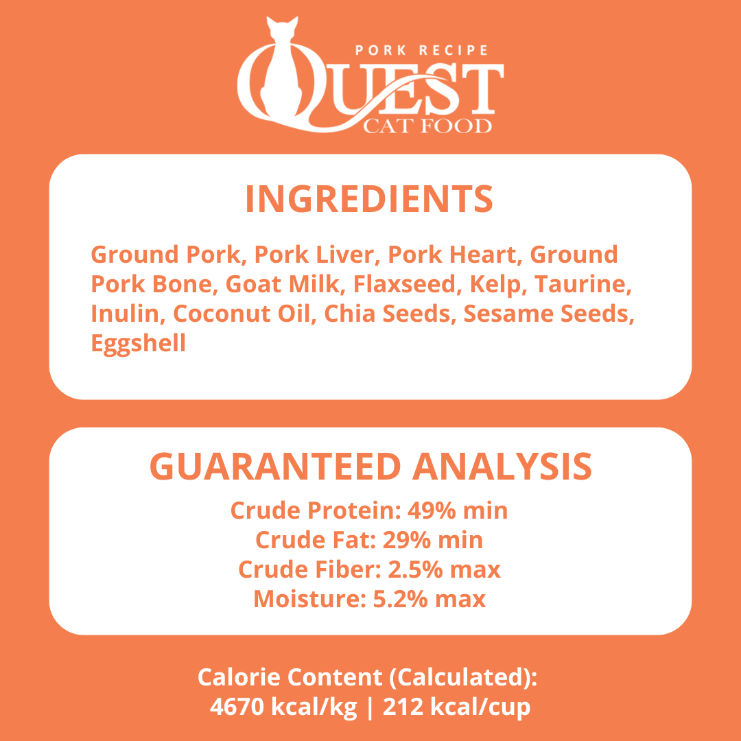 Quest cat food ingredient and guaranteed analysis label on an orange background