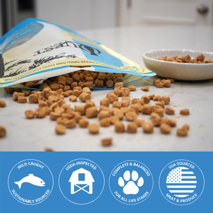 Cat food packaging with spilled food on a surface, featuring icons at the bottom.
