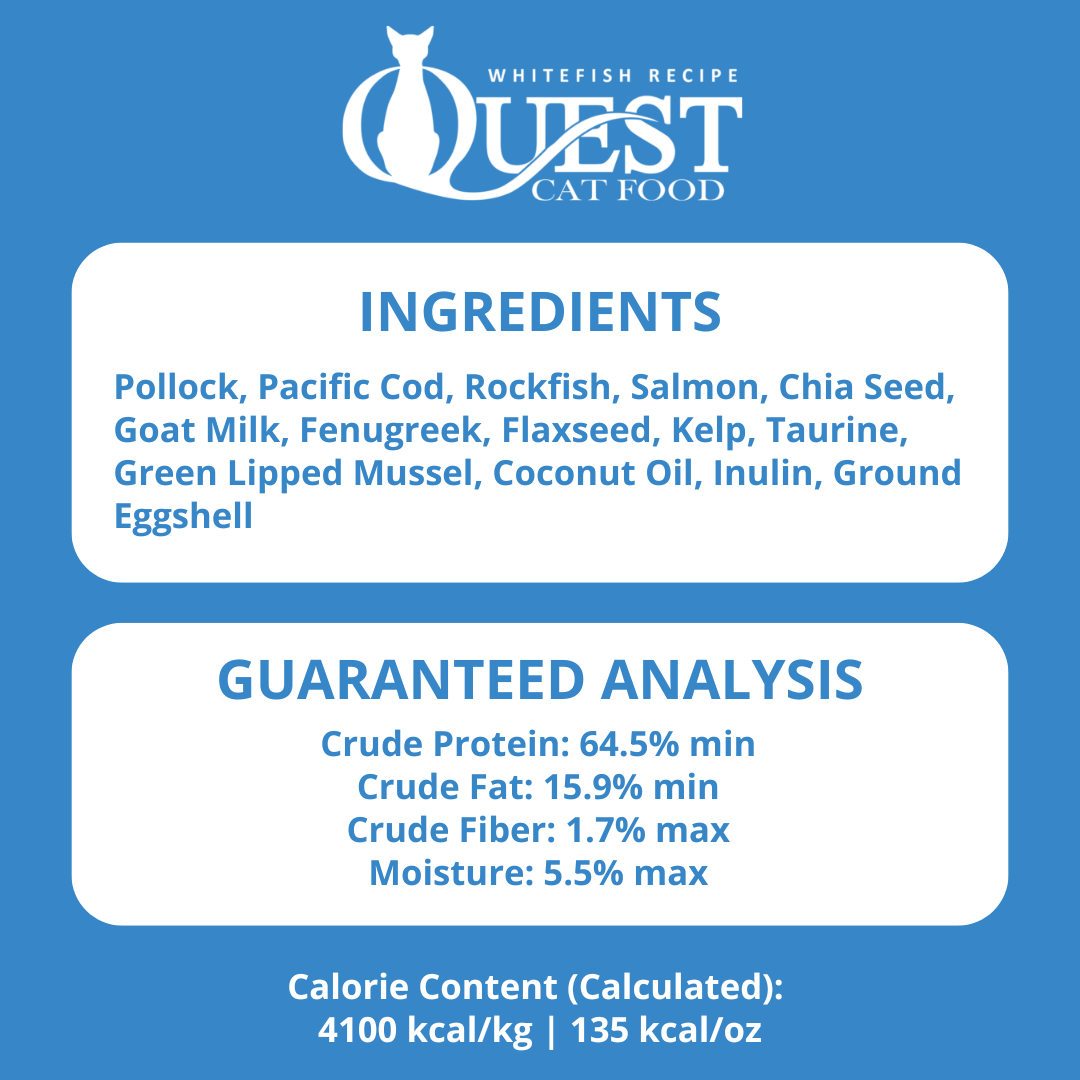 Quest Cat Food label with ingredients and guaranteed analysis on a blue background