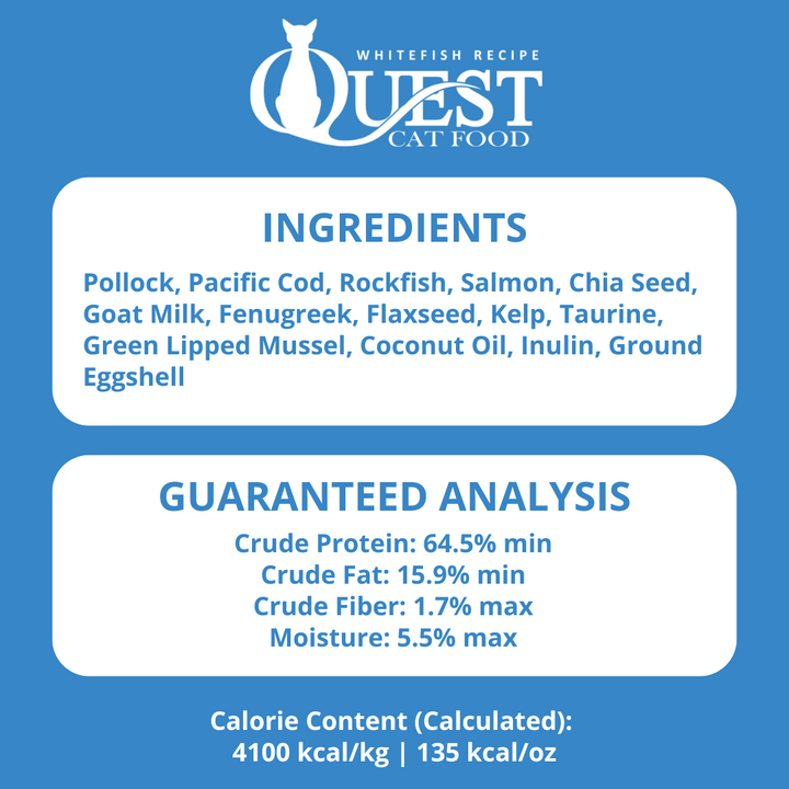 Quest Cat Food label with ingredients and guaranteed analysis on a blue background