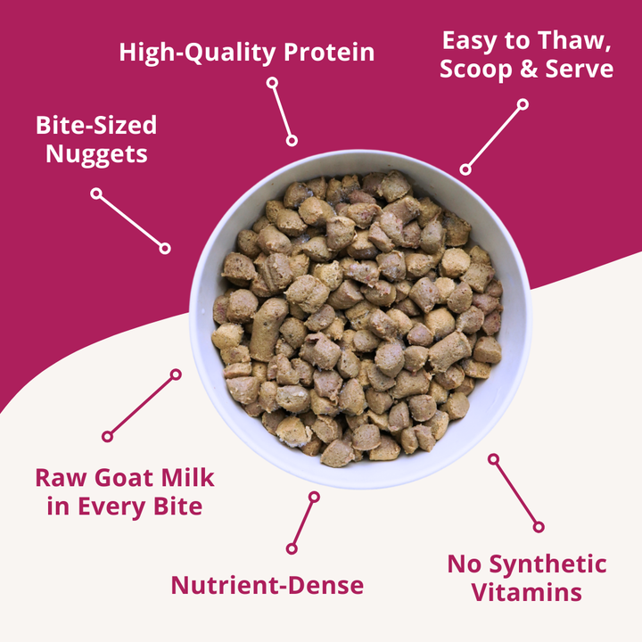 frozen raw nuggets in bowl with product features