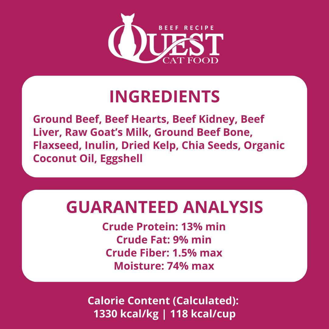 quest cat food beef recipe ingredients and guaranteed analysis on a pink background