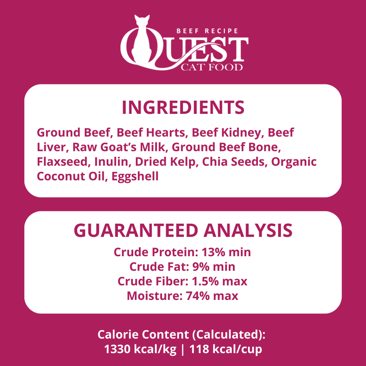 quest cat food beef recipe ingredients and guaranteed analysis on a pink background