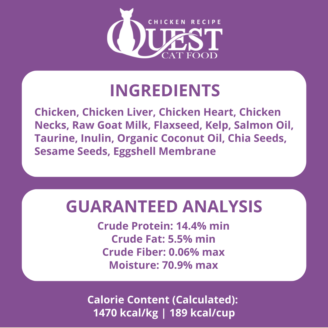 ingredients and guaranteed analysis for quest cat food frozen chicken recipe on a purple background