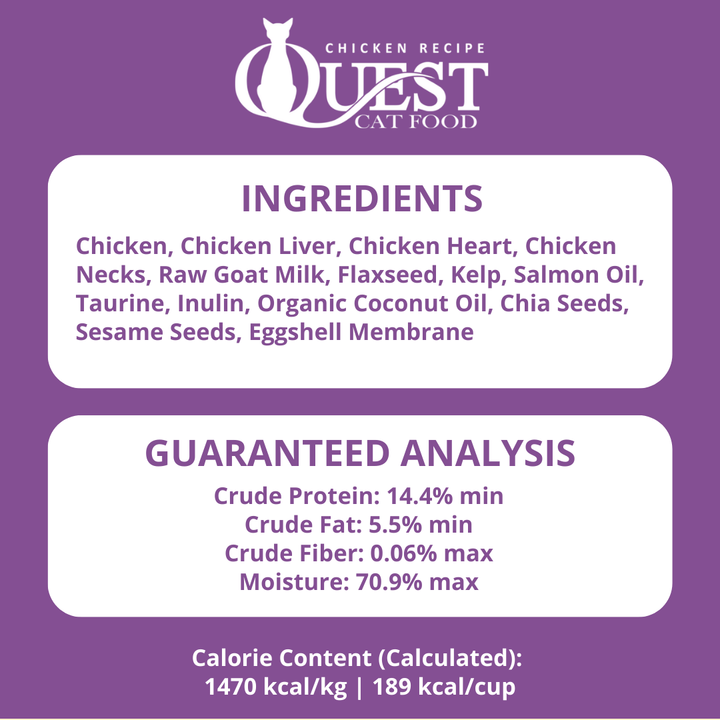 ingredients and guaranteed analysis for quest cat food frozen chicken recipe on a purple background