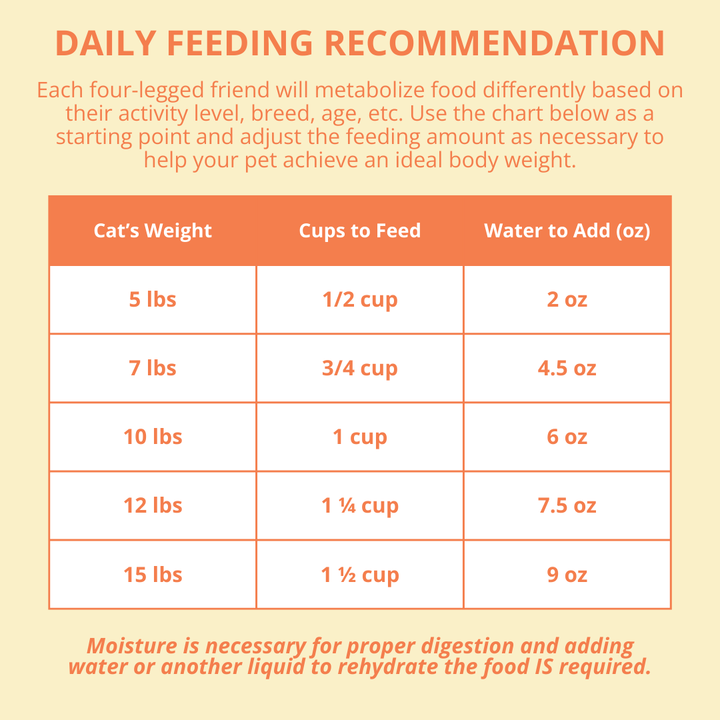 Daily feeding recommendation chart for cats with weights and corresponding food amounts.