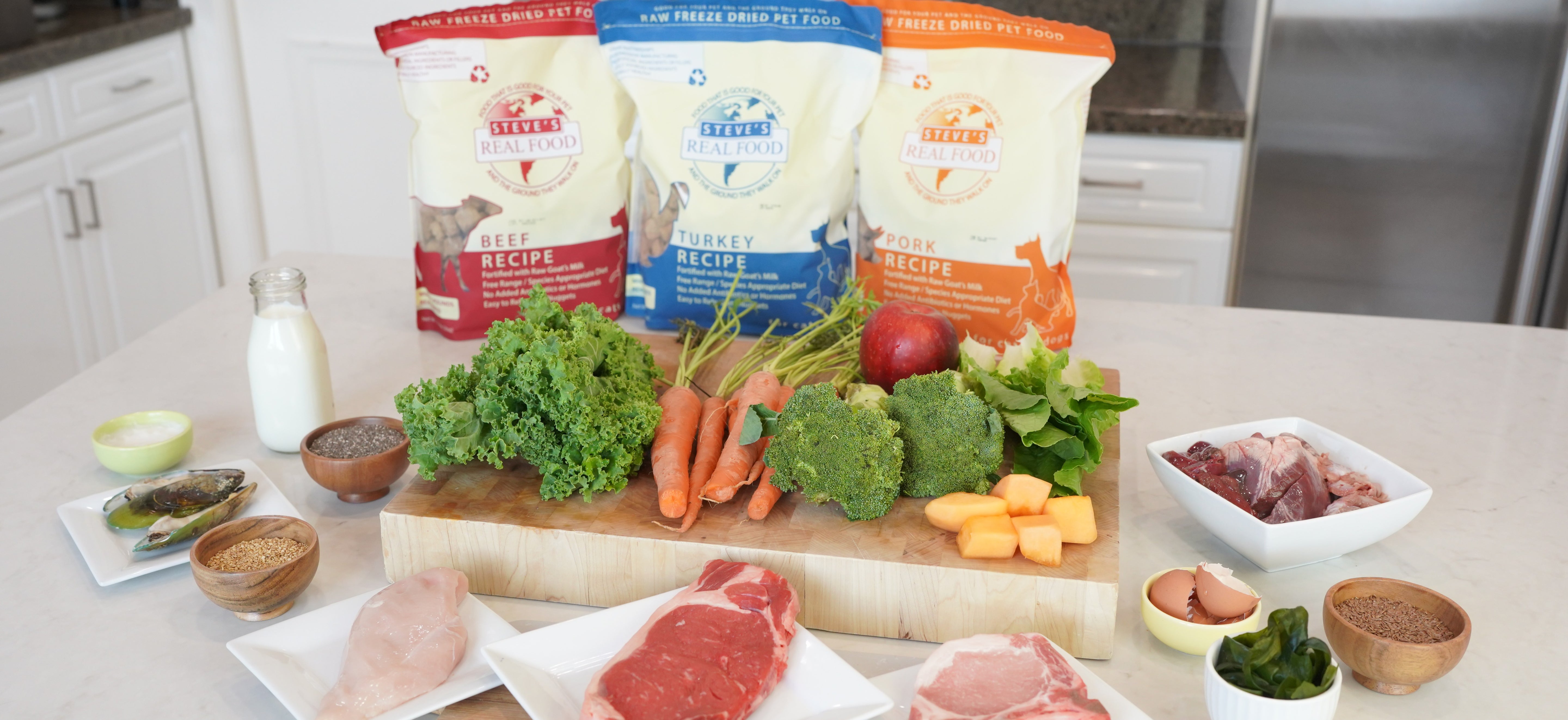 steve's real food product on counter with fresh ingredients