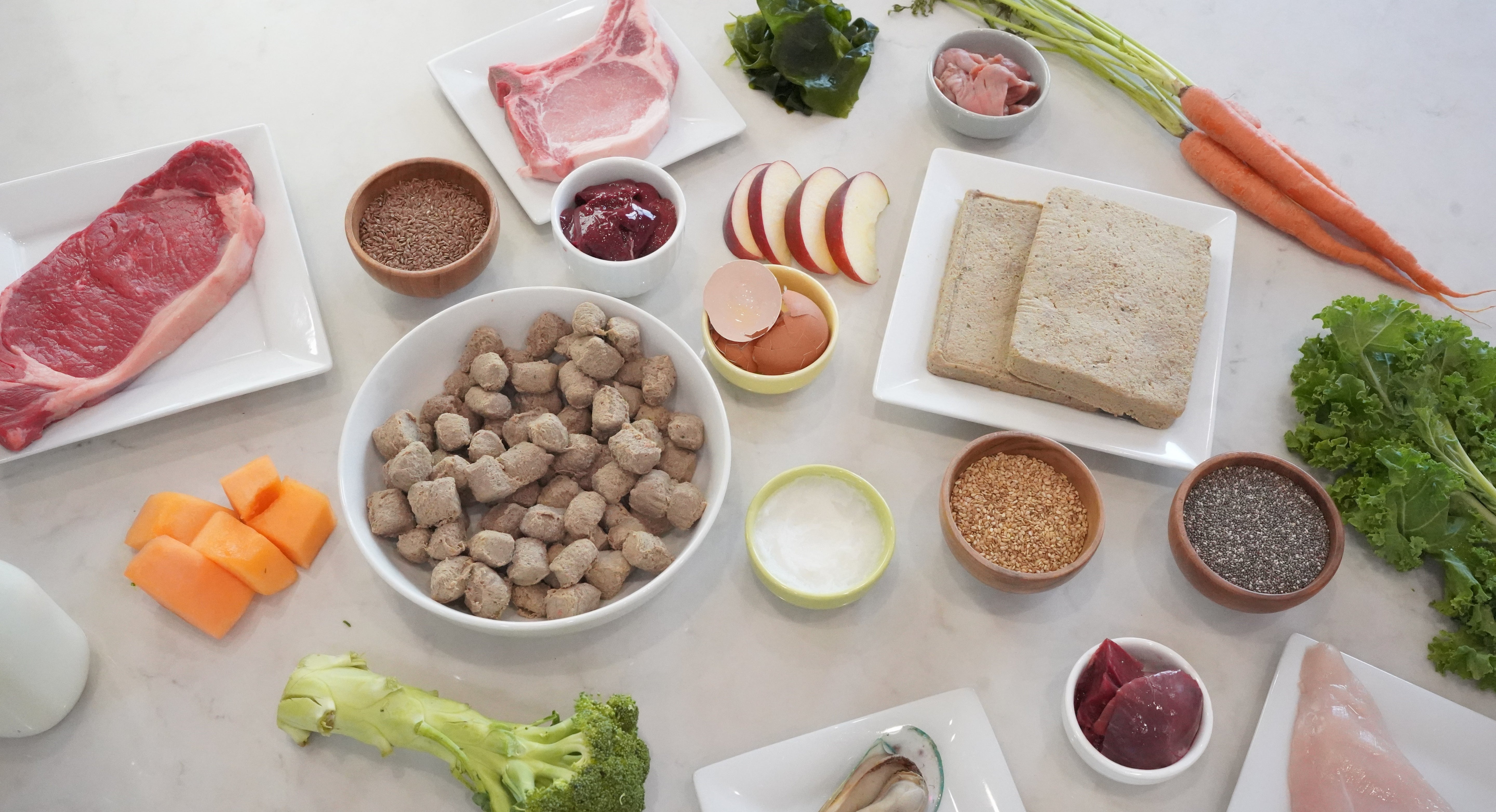 raw pet food with ingredients on counter