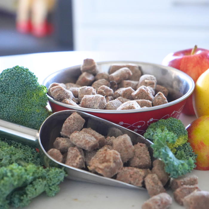 Raw dog food in a bowl with fresh vegetables on a table